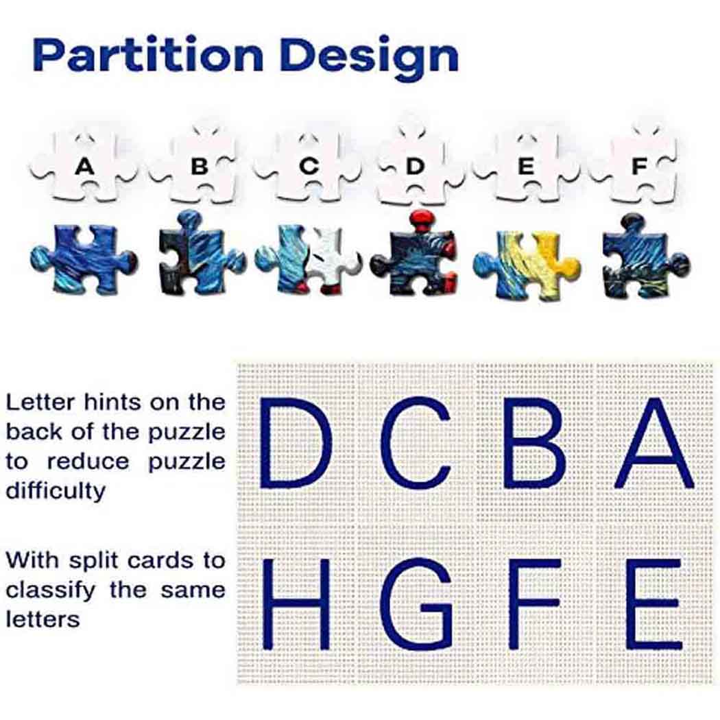 partition design: letter hints on the back of the puzzle to reduce difficulty. with split cards to classify the same letters.