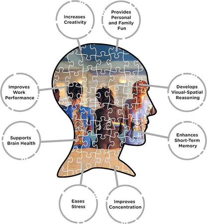 8 benefits of puzzles: increases creativity, provides personal and family fun, develops visual-spatial reasoning, enhances short-term memory, improves concentration, eases stress, improves work performance, supports brain health etc.