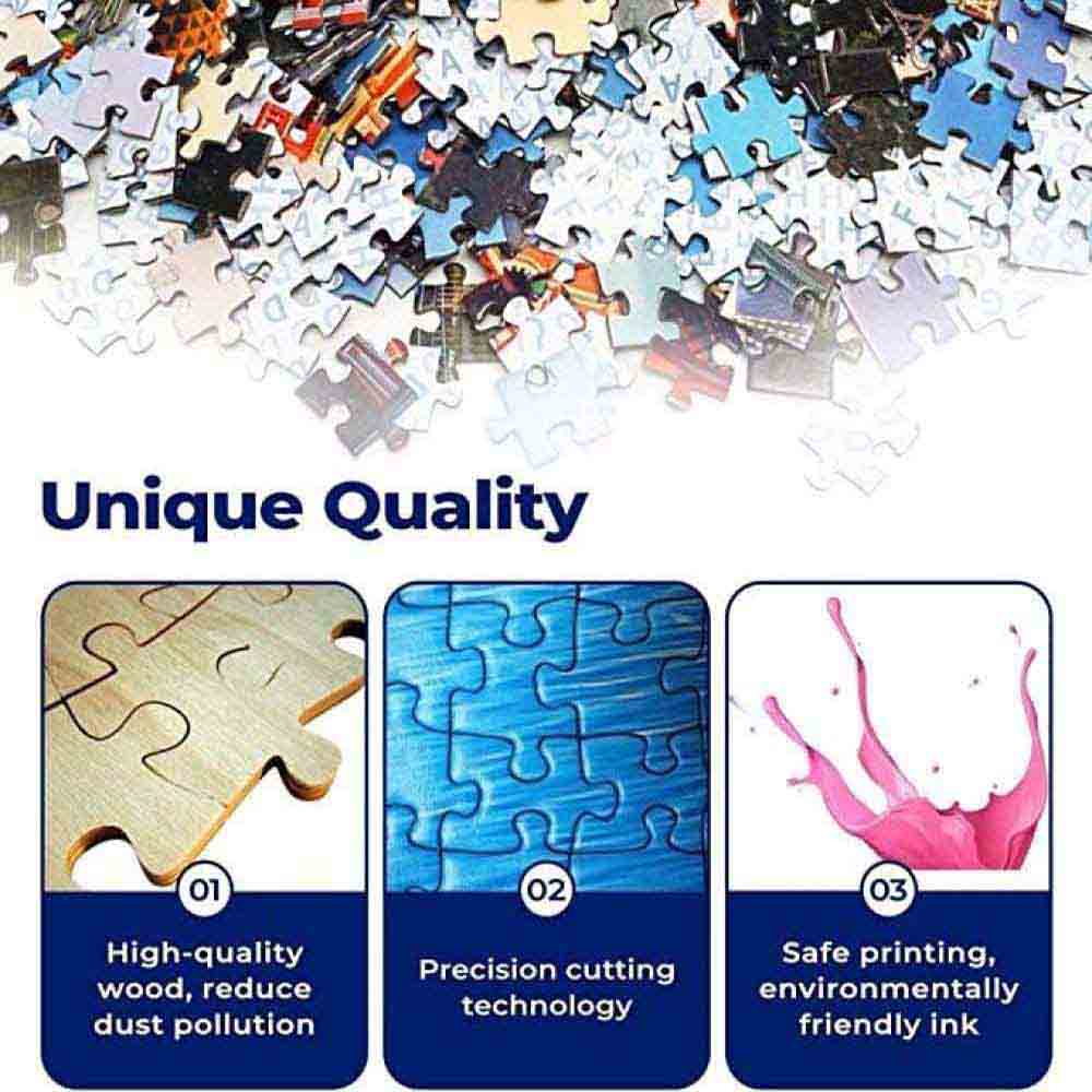 jigsaw puzzle unique quality: high-quality wood, reduce dust pollution, precision cutting technology, safe printing, environmentally friendly ink
