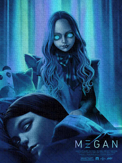 a jigsaw puzzle for : screenprinted foil poster by manga artist Shin-ichi Sakamoto for the 2022 horror film M3GAN.